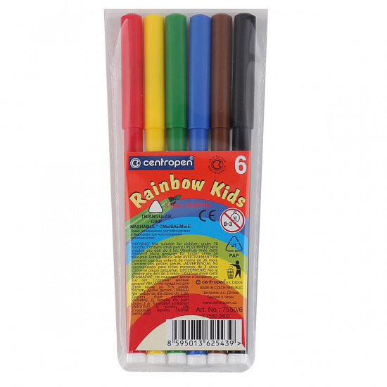 Фломастеры 6 цветов, корпус круглый, смываемые, колпачок вентилируемый Rainbow Kids Centropen 7550