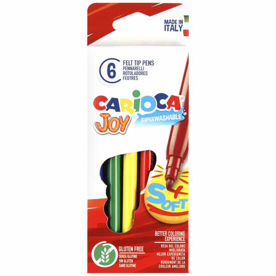 Фломастеры 6 цветов, корпус круглый, конический, смываемые, колпачок вентилируемый Joy Carioca 40613