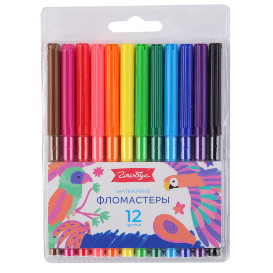 Фломастеры, 12 цветов, корпус круглый, конический, смываемые, колпачок вентилируемый, Globus, Ф12
