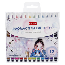 Фломастеры, 12 цветов, корпус трехгранный, кистевидный, смываемые, колпачок вентилируемый, Bubble-tea, M-Brush, Hatber, FP_092285
