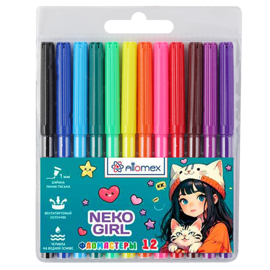 Фломастеры, 12 цветов, корпус круглый, конический, смываемые, колпачок вентилируемый, NekoGirl, Attomex, 5081537