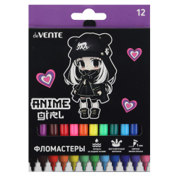 Фломастеры 12 цветов, корпус круглый, конический, смываемые, колпачок вентилируемый Anime Girl deVENTE 5081429