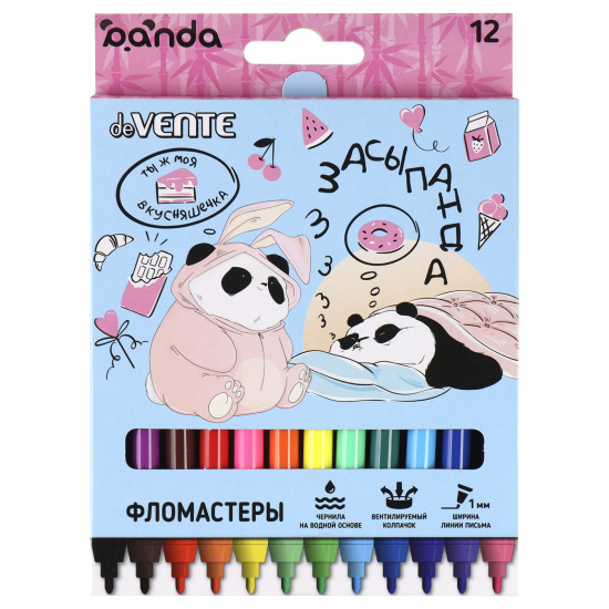 Фломастеры 12 цветов, корпус круглый, смываемые, колпачок вентилируемый Panda deVENTE 5081127