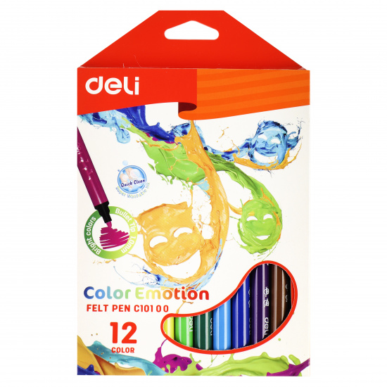Фломастеры 12 цветов, корпус круглый, конический, смываемые, колпачок вентилируемый Color Emotion Deli 6935205317858