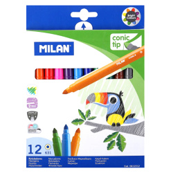 Фломастеры 12 цветов, корпус круглый, конический, смываемые, колпачок вентилируемый Cone-Tipped Milan 1110725Р