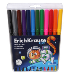 Фломастеры 12 цветов, корпус круглый, конический, смываемые, колпачок вентилируемый Kids Super Tip Ultra Washable Space Animals Erich Krause 61825