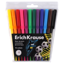 Фломастеры 12 цветов, корпус круглый, конический, смываемые, колпачок вентилируемый Sport DNA Erich Krause 61811