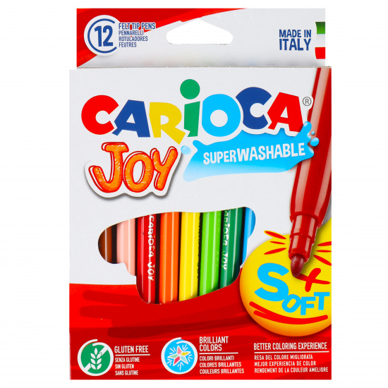 Фломастеры 12 цветов, корпус круглый, конический, смываемые, колпачок вентилируемый Joy Carioca 40614