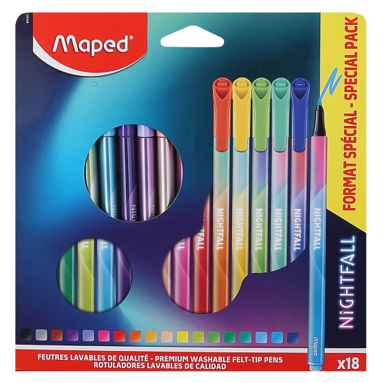 Фломастеры, 18 цветов, корпус круглый, конический, смываемые, колпачок вентилируемый, Maped, 844401