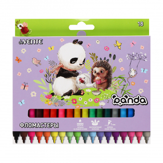 Фломастеры 18 цветов, корпус круглый, конический, смываемые, колпачок вентилируемый Panda deVENTE 5082204