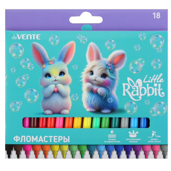Фломастеры, 18 цветов, корпус круглый, конический, смываемые, колпачок вентилируемый, Little Rabbit, deVENTE, 5082626