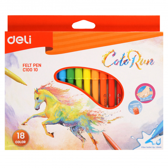 Фломастеры 18 цветов, корпус круглый, конический, смываемые, колпачок вентилируемый ColoRun Deli 1006034