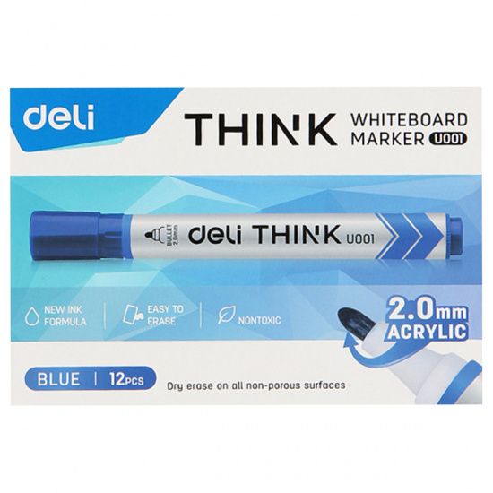 Маркер для доски пулевидный, 2,0 мм, цвет синий, упаковка картонная коробка Deli EU00130