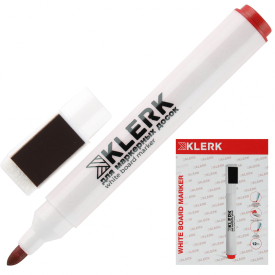 Маркер для доски пулевидный, 2,5 мм, стираемые, губка-колпачок для стирания с магнитом, цвет красный KLERK 200747-2