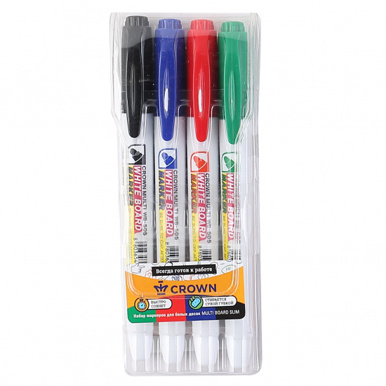 Набор маркеров для доски 4 шт, пулевидный, 2,5 мм, стираемые, 4 цвета, упаковка блистер, европодвес Crown WB-505-4(SET)