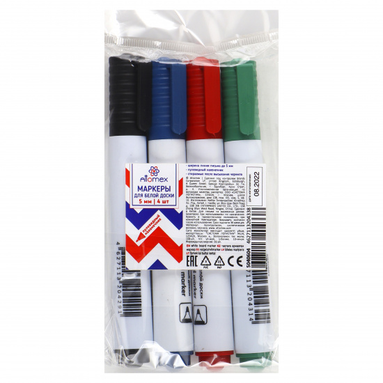 Набор маркеров для доски 4 шт, пулевидный, 5,0 мм, стираемые, 4 цвета, упаковка ПВХ, европодвес Attomex 5040604