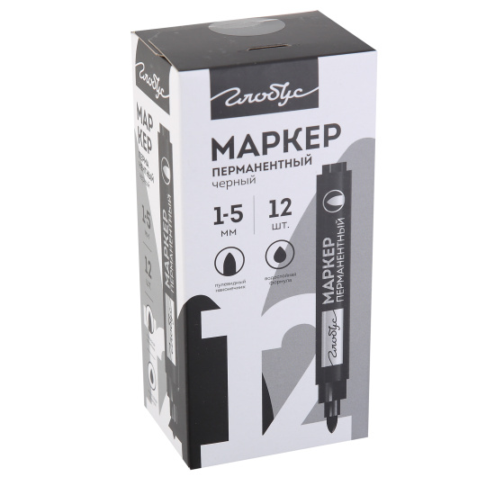 Маркер перманентный, пулевидный, 1-5 мм, цвет черный, картонная коробка, Globus, МПЧ