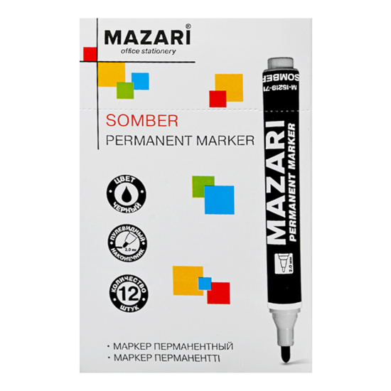 Маркер перманентный, пулевидный, 2-3 мм, цвет черный, картонная коробка, Somber, Mazari, M-15219-71