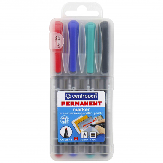 Набор маркеров перманентных пулевидный, 1,0 мм, 4 шт, 4 цвета, пластиковая коробка Permanent Centropen 2846/4
