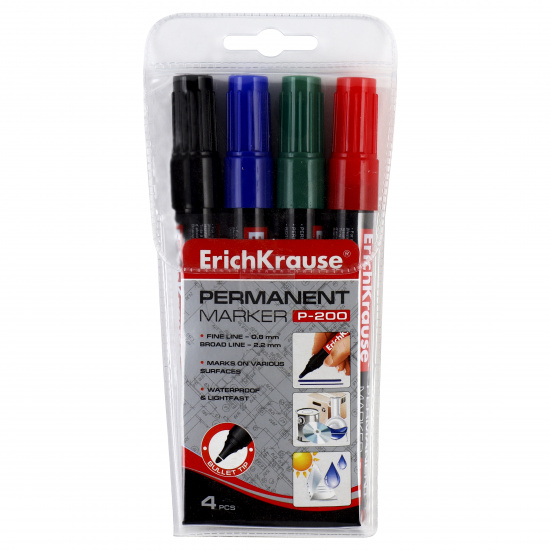 Набор маркеров перманентных пулевидный, 0,8-2,2 мм, 4 шт, 4 цвета, блистер Erich Krause Р-200 11606
