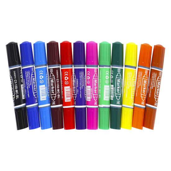 Набор маркеров перманентных круглый, скошенный, 2,0-6,0 мм, двусторонний, 12 шт, 12 цветов, пластиковая коробка KLERK 214207 CHENYU
