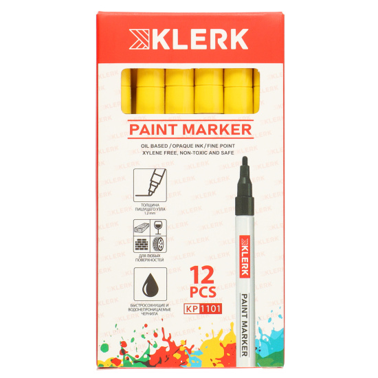 Маркер-краска пулевидный, лаковый, 2,0 мм, корпус алюминиевый, цвет желтый KLERK 170406