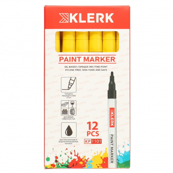 Маркер-краска пулевидный, лаковый, 2,0 мм, корпус алюминиевый, цвет желтый KLERK 170406