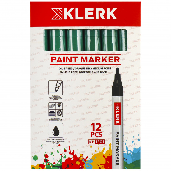 Маркер-краска пулевидный, лаковый, 2,0-4,0 мм, корпус алюминиевый, цвет зеленый KLERK 170412