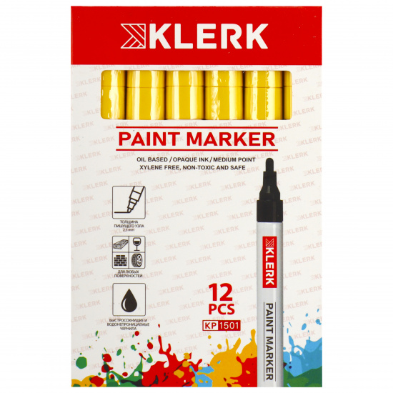 Маркер-краска пулевидный, лаковый, 2,0-4,0 мм, корпус алюминиевый, цвет желтый KLERK 170413
