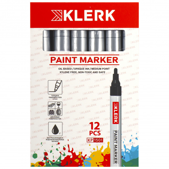 Маркер-краска пулевидный, лаковый, 2,0-4,0 мм, корпус алюминиевый, цвет серебро KLERK 170414