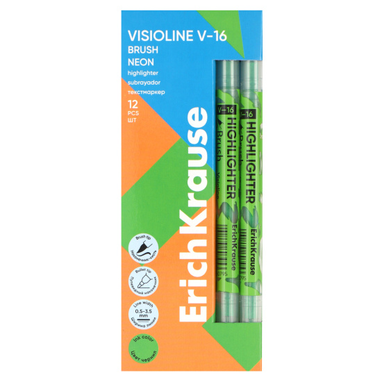 Текстовыделитель 0,5-3,5 мм, пулевидный, кистевидный, двусторонний, цвет зеленый Brush Neon Visioline V-16 Erich Krause 60795
