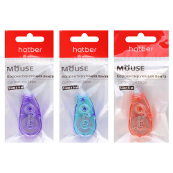 Корректирующая лента, 5 мм, 6 м, ассорти 3 вида, пакет орр, европодвес, Mouse, Hatber, CT_089174