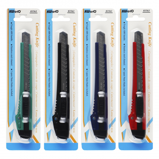 Нож канцелярский 9 мм, фиксатор, пластик, усиленный, 2 лезвия, европодвес, ассорти 4 вида KW-trio 3563