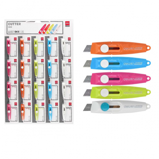 Нож канцелярский 9 мм, фиксатор, пластик, ассорти 5 видов Deli E2020