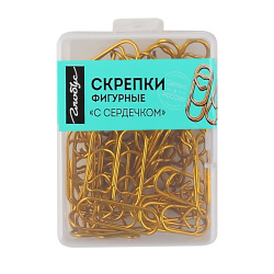 Скрепки, 28 мм, 50 шт, фигурные, цвет золото, пластиковая коробка, Сердечки, Globus, С28-50СРЗ