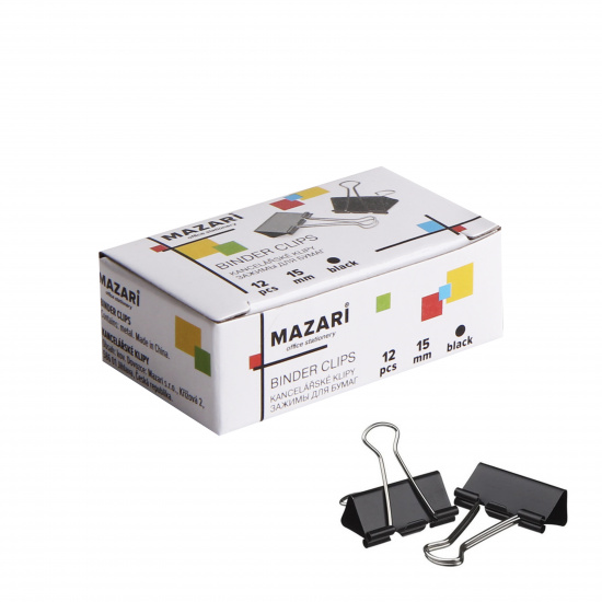 Зажимы для бумаг 15мм черные набор 12шт Mazari M-6894 картонная коробка