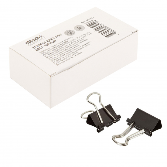 Зажимы для бумаг 32 мм, набор 12 шт, цвет черный, картонная коробка ECONOMY Attache 933327