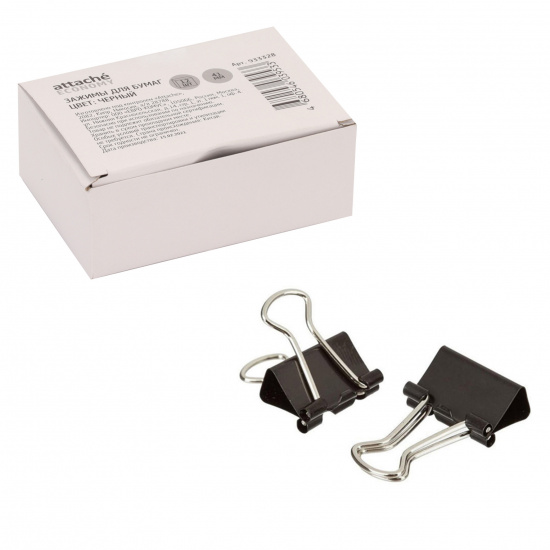 Зажимы для бумаг 41 мм, набор 12 шт, цвет черный, картонная коробка Attache 933328