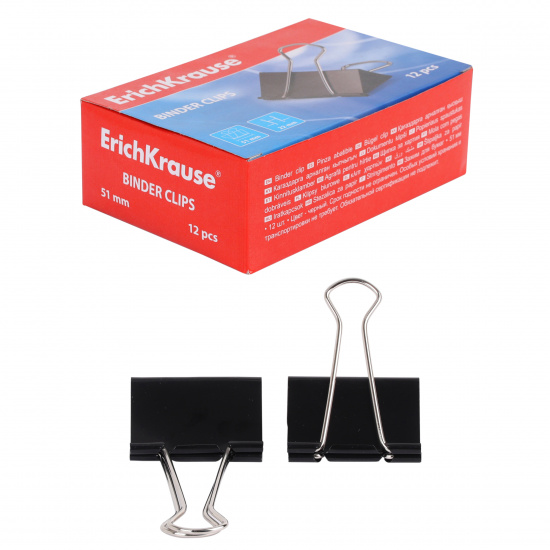 Зажимы для бумаг 51 мм, набор 12 шт, цвет черный, картонная коробка Erich Krause 2981