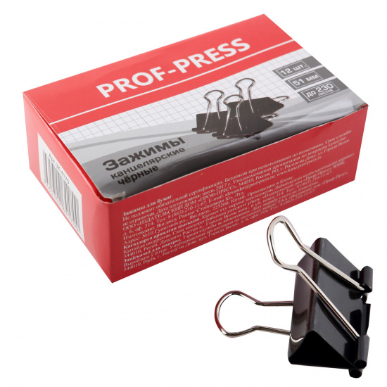 Зажимы для бумаг 51мм черные набор 12шт Проф-Пресс ЗК-4170 картонная коробка