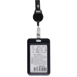 Бейдж, Чёрный, вертикальный, 70*110 мм, с рулеткой, пластик, тесьма, черный, КОКОС, 261170