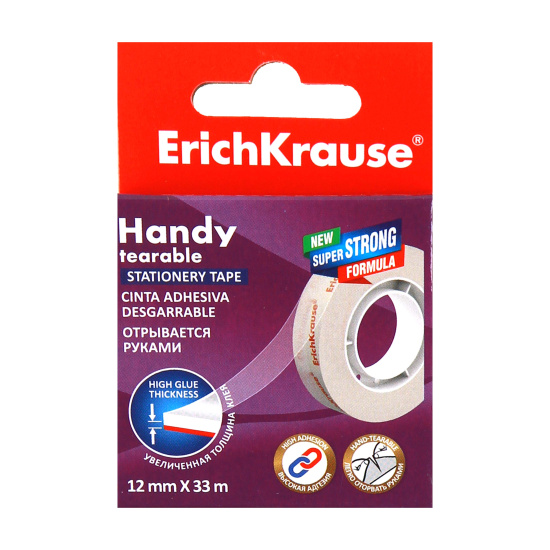 Лента канцелярская 12 мм*33 м, полипропилен, легко оторвать руками, цвет прозрачный Handy tearable Erich Krause 58736