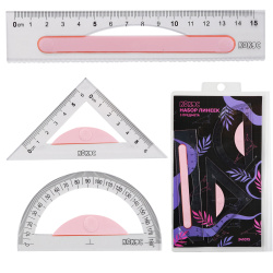 Набор чертежный 3 предмета, малый, (линейка 15 см, треуг, трансп), антискользящие вставки, пластик прозрачный, цвет розовый КОКОС 241075