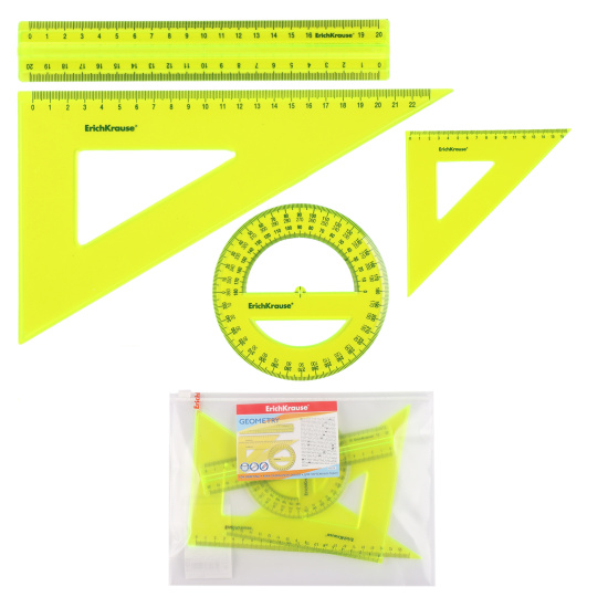 Набор чертежный 4 предмета, большой, (линейка 20см, 2 треуг, трансп), пластик тонированный, цвет желтый Neon Erich Krause 49574