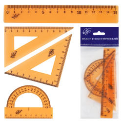 Набор чертежный 4 предмета, малый, (линейка 15 см, 2 треуг, трансп), пластик тонированный, цвет оранжевый Луч 33С 2198-08