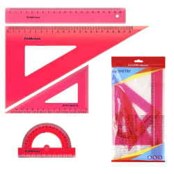 Набор чертежный 4 предмета, большой, (линейка 30 см, 2 треуг, трансп), пластик тонированный, цвет розовый Neon Erich Krause 53018