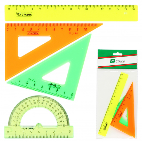 Набор чертежный 4 предмета, малый, (линейка 16 см, 2 треуг, трансп), пластик Стамм НГ02/НЧ-30520