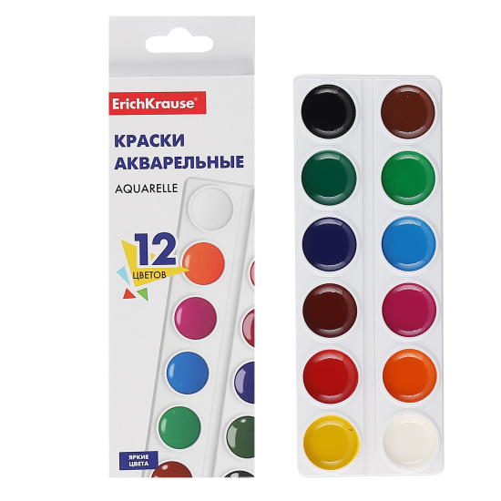 Акварель, 12 цветов, без кисточки, картонная коробка, европодвес, Erich Krause, Basic, 53447