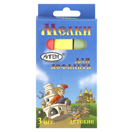 Мел для асфальта, цветной, 3 шт, d-16 мм, форма квадратная, картонная ...