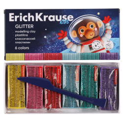 Пластилин 6 цветов, 108 гр, с блестками, стек, картонная коробка Kids Space Animals Glitter Erich Krause 61337